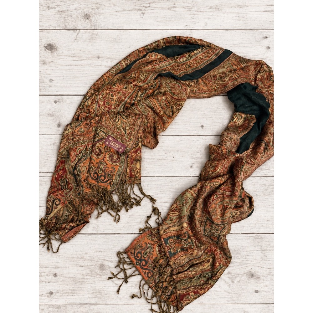 Pashmina Firenze Scarf Vintage Cashmere/Silk Blend Green Gold Jewel Tones